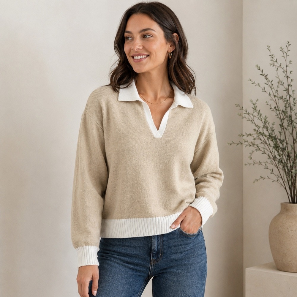 LOFT Womens Beige White V-Neck Collared Polo Knit Sweater Size M Relaxed Fit
